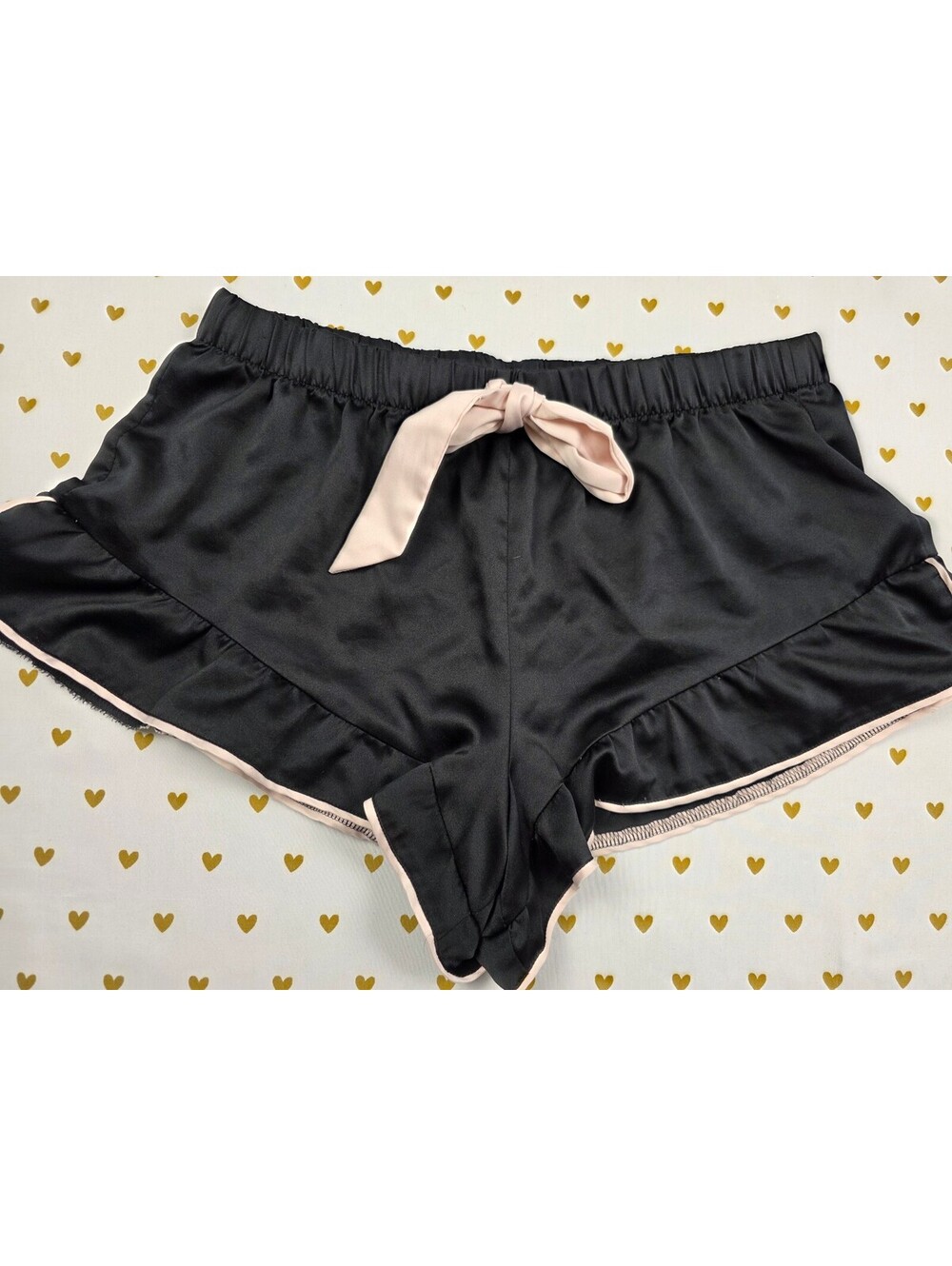 Victorias Secret Black Satin Ruffle Medium Sleep Shorts Boxers Pajama Bottoms